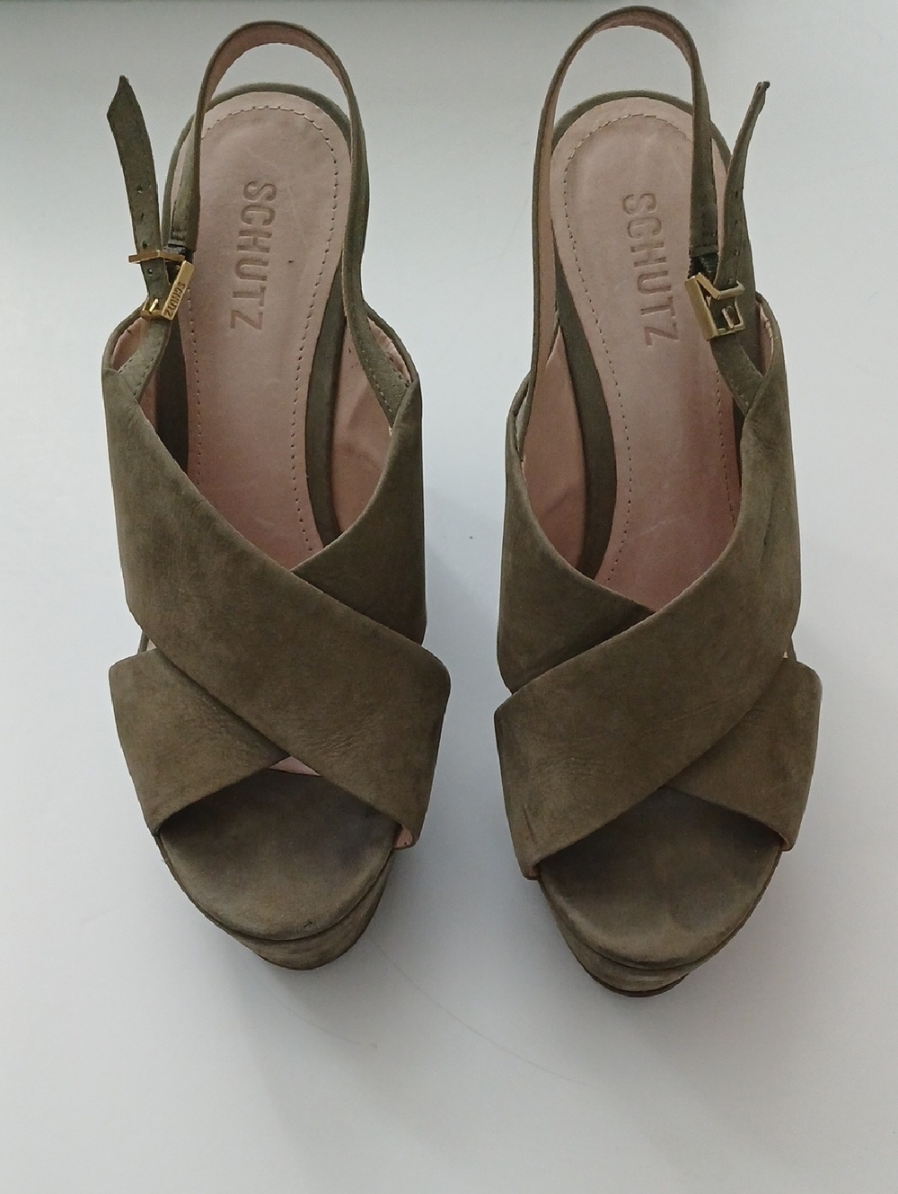 SCHUTZ Olive Suede Crisscross Slingback Wedges